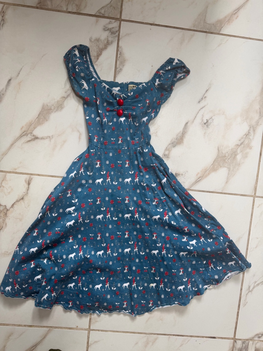 Collectif Teal Blue Red Riding Hood Print A line Dress